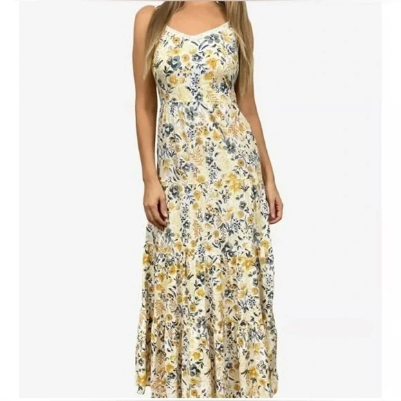 JOIE Floral cotton tiered Maxi Dress yellow & gray boho coastal cowgirl Sz 6 EUC - Picture 2 of 16